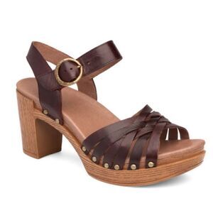Dansko Dawson Leather Woven Sandal Ruby Vintage Wooden Platform Block Heels